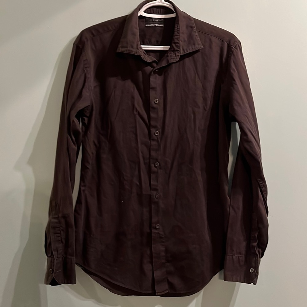 Zara Mens, black Collared Button dress long sleeve shirt, size large